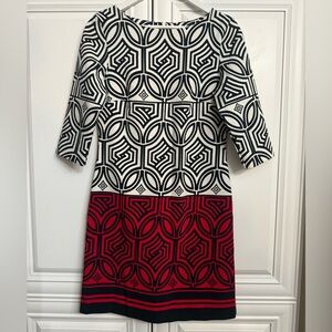 Vivian Shyu Small 3/4 Sleeves Midi Shift Dress White Red w/Navy Geometric Print